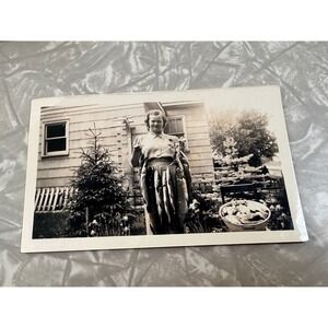 Vtg B&W Snapshot Woman Fishing Trophy Northern Pike Panfish Found Photo 1950s